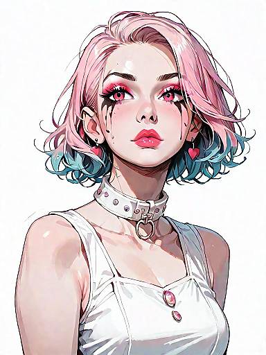 Stylized Portrait of Young Woman with Pink and Blue Hair