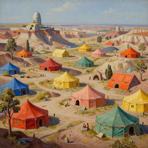 Colorful circus tents in a desert landscape with a white dome-shaped building, scattered trees, and distant hills. Brightly painted canvas tents in red,