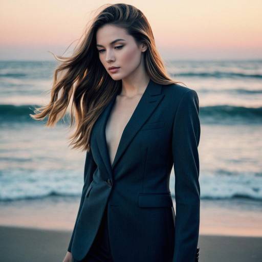 Fashion Model with Flowing Hair in Sleek Suit by Seaside