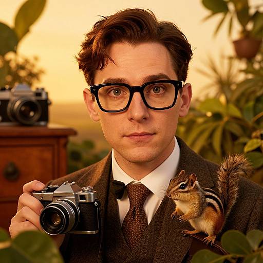 Photograph of a bespectacled man in vintage suit holding camera, with small chipmunk on shoulder, against warm sunset background.