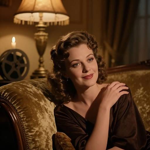 Vintage-style photograph of a smiling woman with curly brown hair, wearing a black off-shoulder dress, seated on a velvet sofa, lit by a