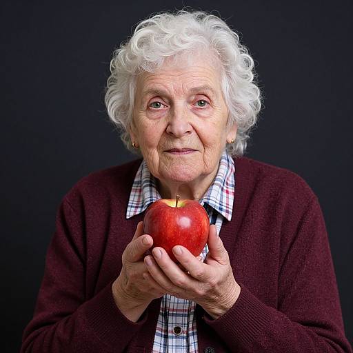 Photograph of an elderly white woman with curly white hair, holding a shiny red apple against a dark background, wearing a maroon cardigan and pl