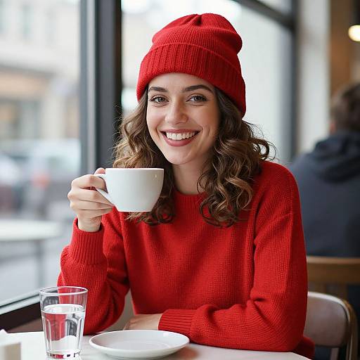 Photograph of a smiling woman with wavy brown hair, wearing a red beanie and sweater, holding a white coffee cup at a sunny café.