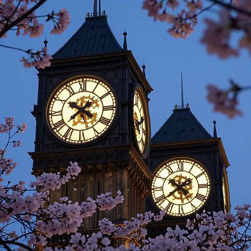 Photograph of a clock tower with glowing faces framed by pink cherry blossoms against a twilight blue sky.