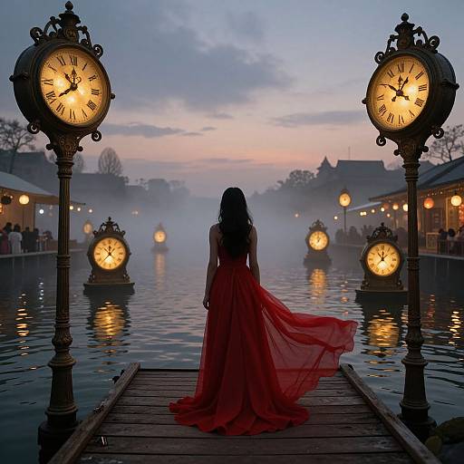 Photograph of a woman in a flowing red dress standing on a wooden dock, facing a misty lake with vintage clock pillars glowing at twilight.