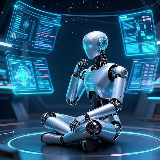 Photorealistic CGI of a silver humanoid robot sitting cross-legged in front of futuristic, glowing blue holographic screens in a starry space setting.