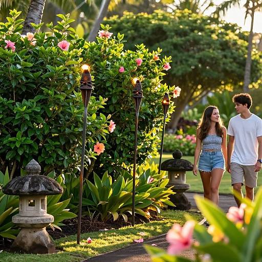 Photograph of a young couple walking through a sunlit garden with pink flowers, stone lanterns, and tropical greenery, holding hands.