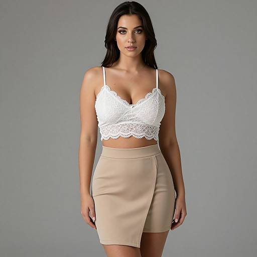 Photograph of a dark-haired woman with fair skin, wearing a white lace crop top and beige skirt, standing against a gray background.