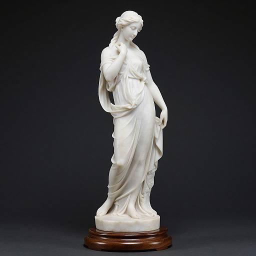 Photograph of a white marble statue of a classical Greek-style woman in flowing drapery, standing on a dark wooden base against a black background.