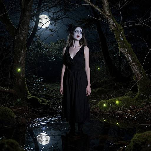 Photograph of a pale woman in a black, deep-V dress standing in a moonlit forest stream, surrounded by glowing fireflies and eerie trees.