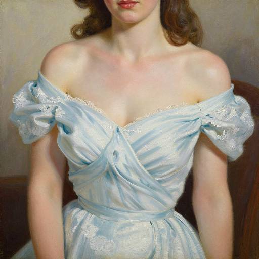 Photograph of a fair-skinned woman with wavy brown hair, wearing an off-shoulder, light blue satin dress with lace trim, highlighting