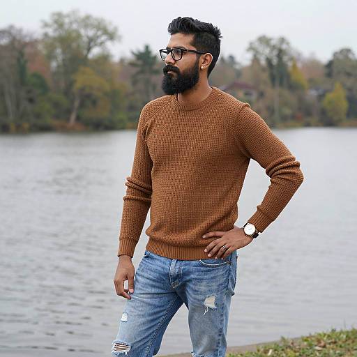 Bearded Man Standing by Lakeside