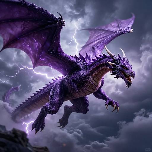 Digital illustration of a fierce, purple dragon with glowing, electric-blue lightning coursing through its wings, flying against a stormy, cloud-filled sky.