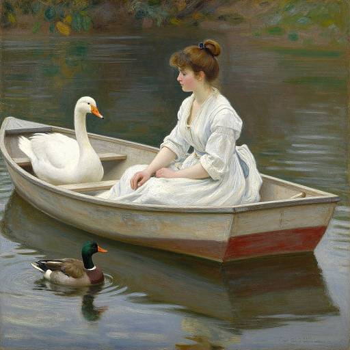 A vintage-style painting of a fair-skinned woman in a white dress, sitting in a wooden boat with a white swan and a greenhead duck