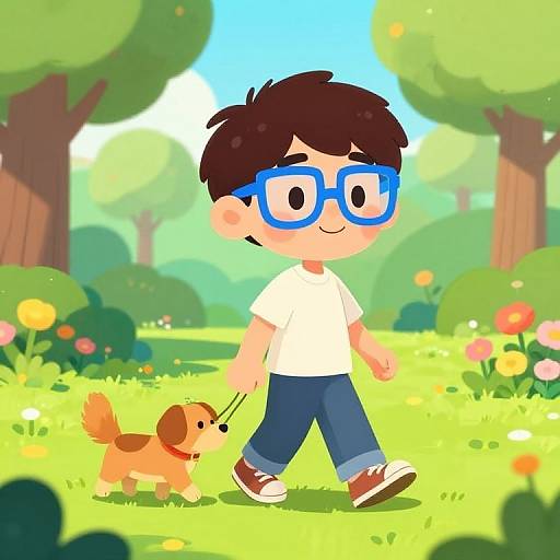 Cartoon-style drawing of a boy with blue glasses, white shirt, blue pants, and brown shoes walking a small orange dog in a sunny, colorful