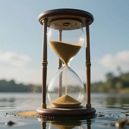 Photograph of a wooden hourglass with golden sand, standing in calm water, reflecting sunlight, against a blurred blue sky and green forest background.