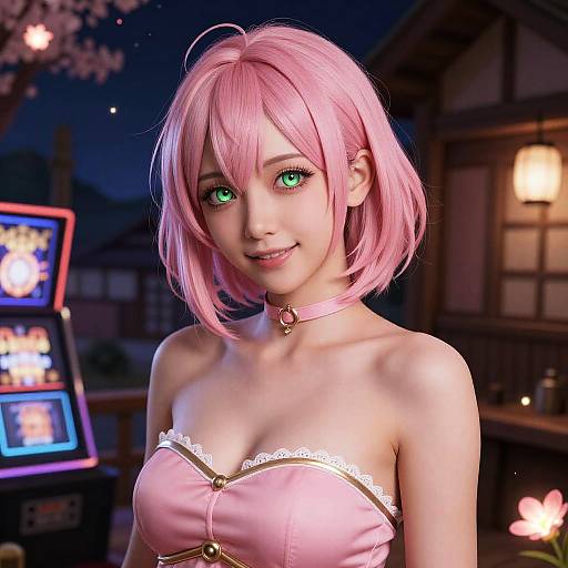 Digital anime-style artwork of a cute girl with pink bob hair, green eyes, pink strapless top, and choker, in a nighttime Japanese setting