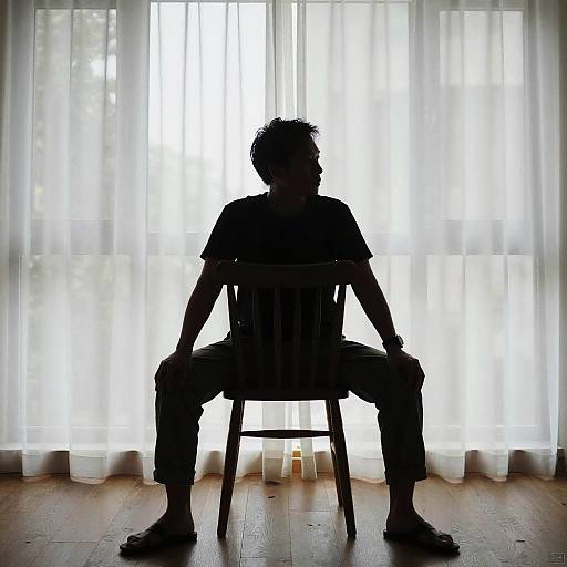 Silhouetted man sitting on a chair in front of bright, sheer-curtained window, with two candles on wooden floor. Photographic image