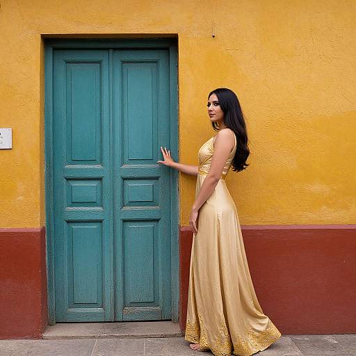 Photograph of a dark-haired woman in a golden, floor-length dress, standing against a vibrant yellow wall with teal doors.