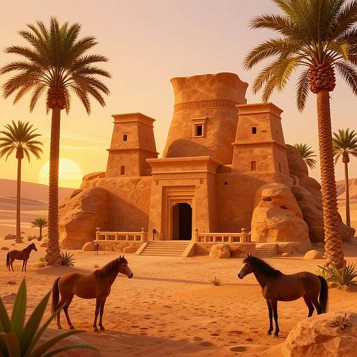 Photograph of a desert palace with sandstone architecture, palm trees, and two horses standing in the foreground at sunset.