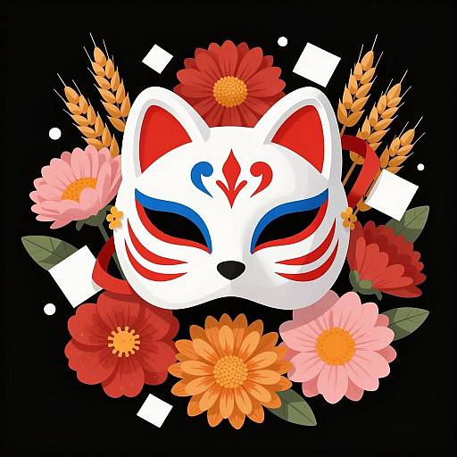 White Fox Mask with Floral and Wheat Decorations