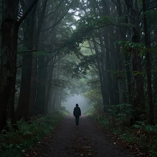 Photograph of a solitary figure in dark clothing walking down a misty, forest path flanked by towering, shadowy trees.