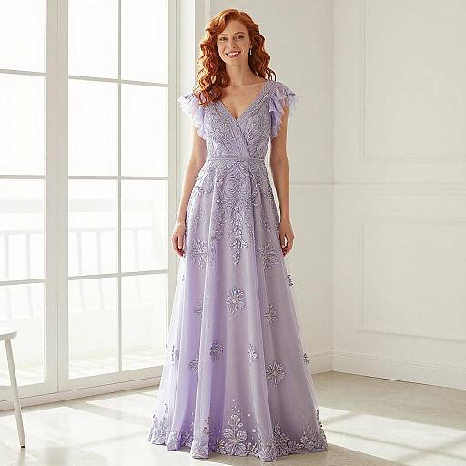 Smiling Woman in Lavender Embroidered Gown