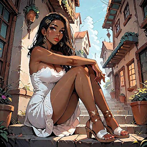 Elegant Woman in Strapless Dress on Old Town Steps