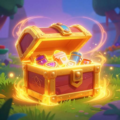 Vibrant digital illustration of a glowing, magical treasure chest overflowing with enchanted items, surrounded by fire and set in a colorful, whimsical forest.