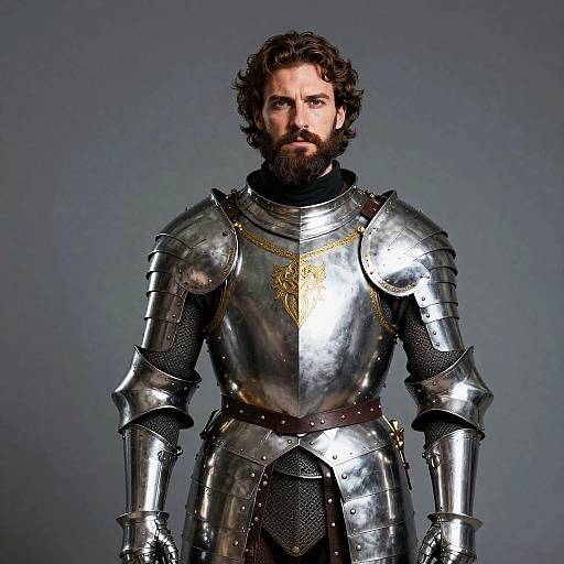Photograph of a serious, bearded man with curly brown hair wearing shiny, silver medieval armor with gold detailing, standing against a plain gray background.