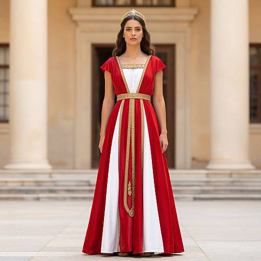 Photograph of a young woman in a full-length red and white gown with gold trim, wearing a gold tiara, standing in front of a classical