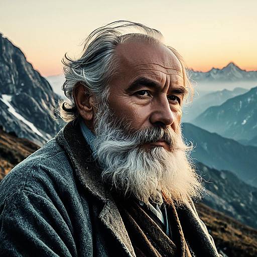 Elderly Man with White Beard in Mountain Sunset