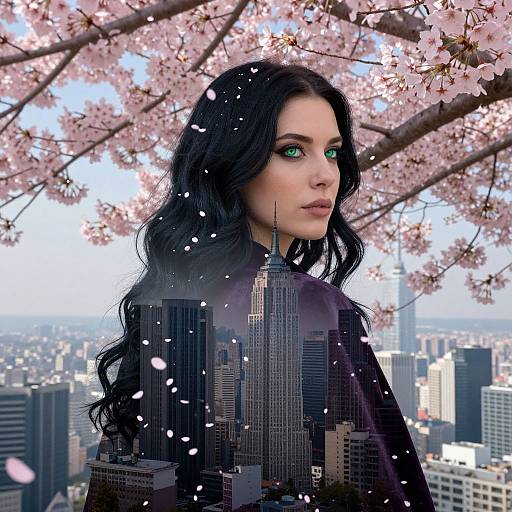 Digital artwork of a woman with long black hair, green eyes, and a dark cloak, standing against cherry blossoms with a cityscape and skyscrap