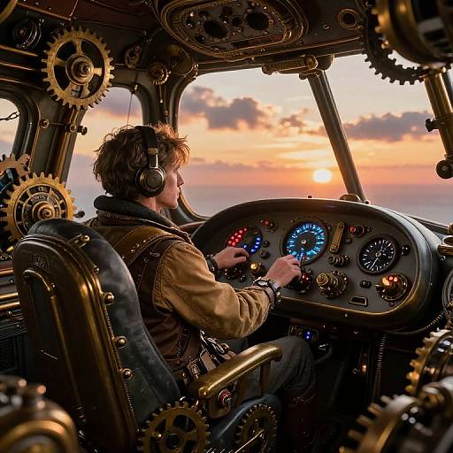 Steampunk pilot with headphones, brown jacket, and goggles, flies vintage aircraft with intricate gears, gauges, and sunset sky outside.