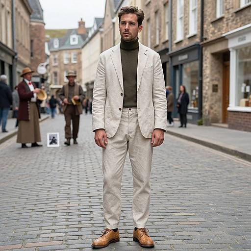 Photograph of a bearded man in a white blazer, dark turtleneck, and tan shoes, standing on a cobblestone street in