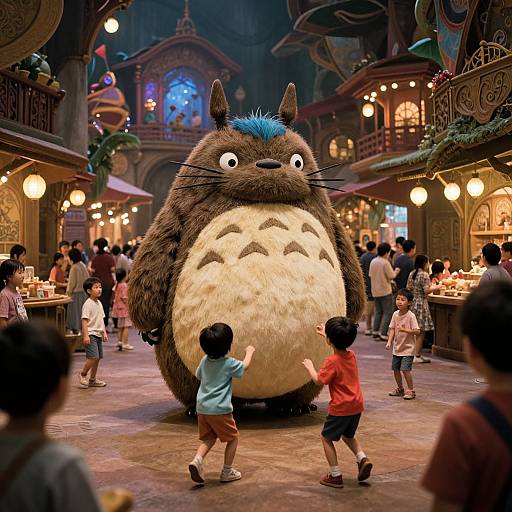 Photograph of a bustling, illuminated market with a giant, fluffy, brown Totoro-like creature standing center, children reaching up in front, surrounded