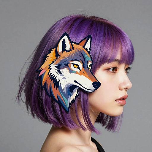 Photograph of young woman with purple bob haircut, featuring a colorful, stylized fox head overlay on her right side. Background is plain gray.