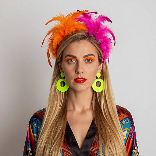 Woman with Feathered Headpiece and Neon Earrings