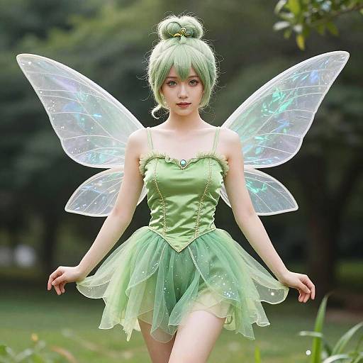 Tinkerbell Cosplay Woman in Green Dress with Wings