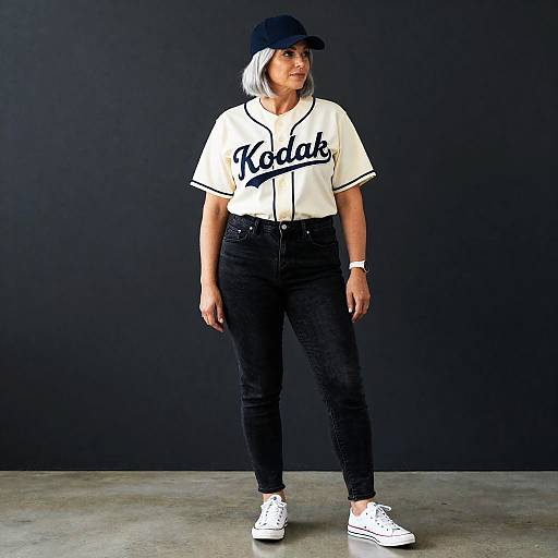 Middle-aged woman in baseball jersey and cap