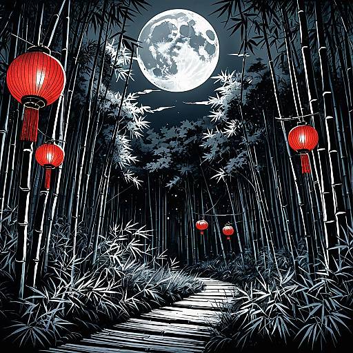 Serene Bamboo Forest with Red Lanterns Under Moonlight