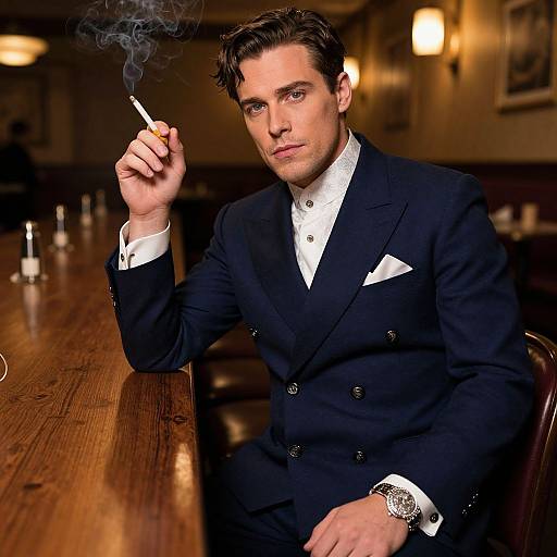 Photograph of a handsome, dark-haired man in a navy double-breasted suit, white shirt, and pocket square, smoking a cigarette in a dim