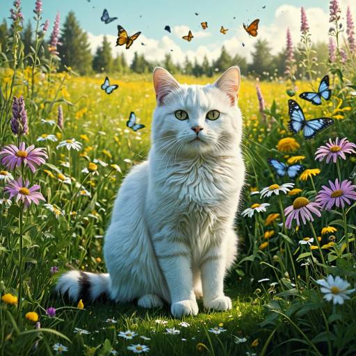 White Cat in Magical Meadow with Butterflies