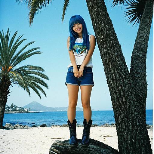 Photograph of a smiling young woman with blue hair, white tank top, denim shorts, black boots, standing between palm trees on a sunny beach with