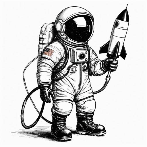 Caricature of Astronaut Holding Miniature Rocket