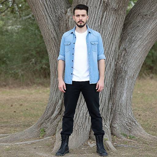 Photograph of a bearded man with short dark hair, wearing a light blue denim shirt, white t-shirt, black pants, and black boots,