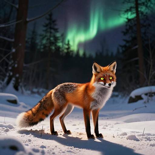 Photorealistic image of a glowing-eyed red fox standing in snow under a vibrant green aurora borealis in a dark forest.