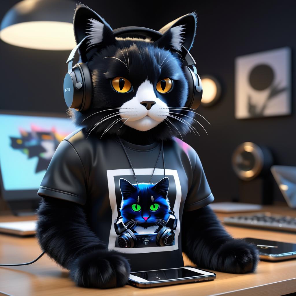 Trendy 3D Cat with Headphones and Phone