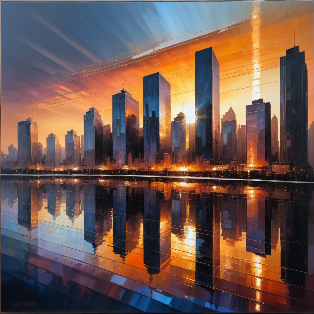 Dramatic Sunset City Skyline Oil Painting