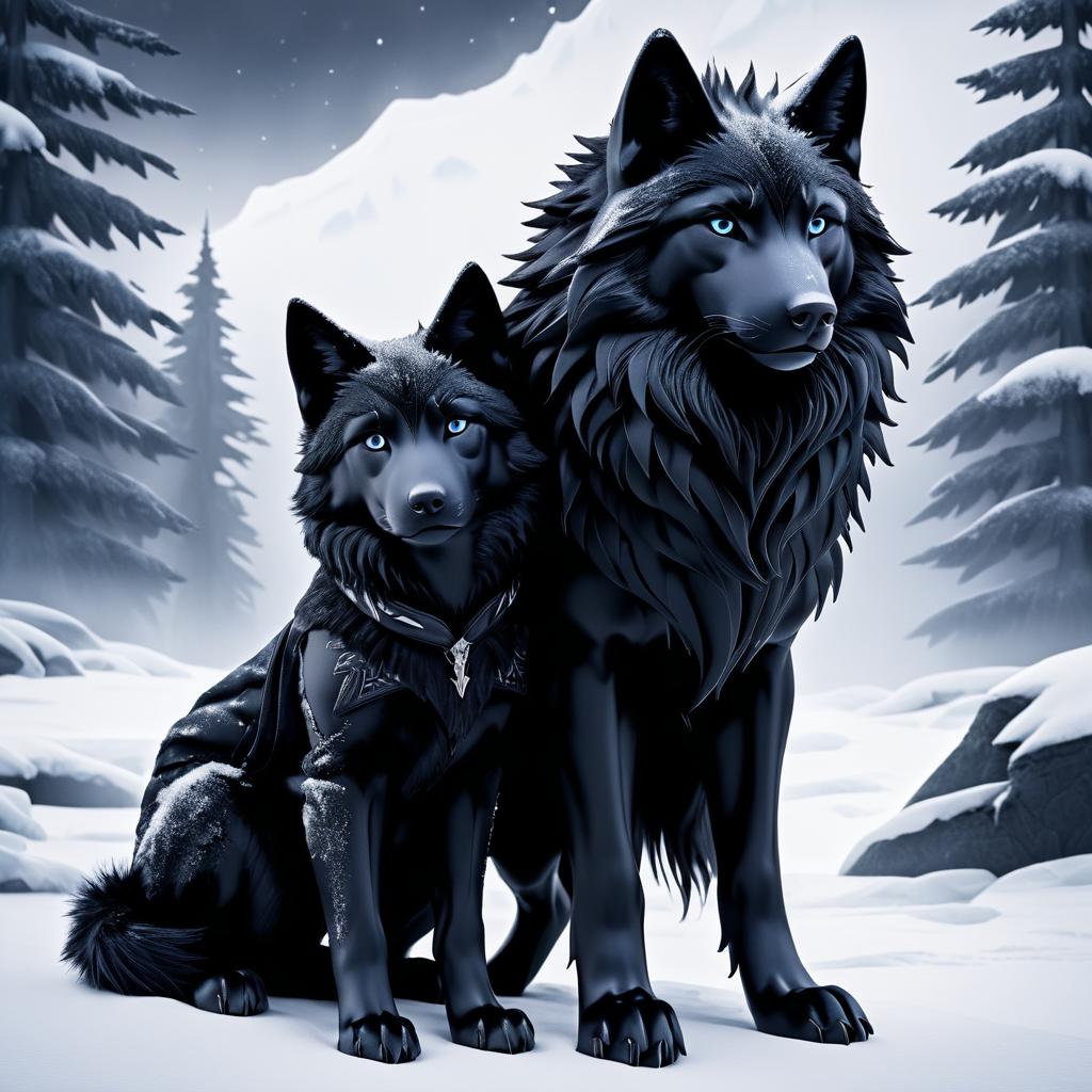 Obsidian Wolf and Boy in Snow